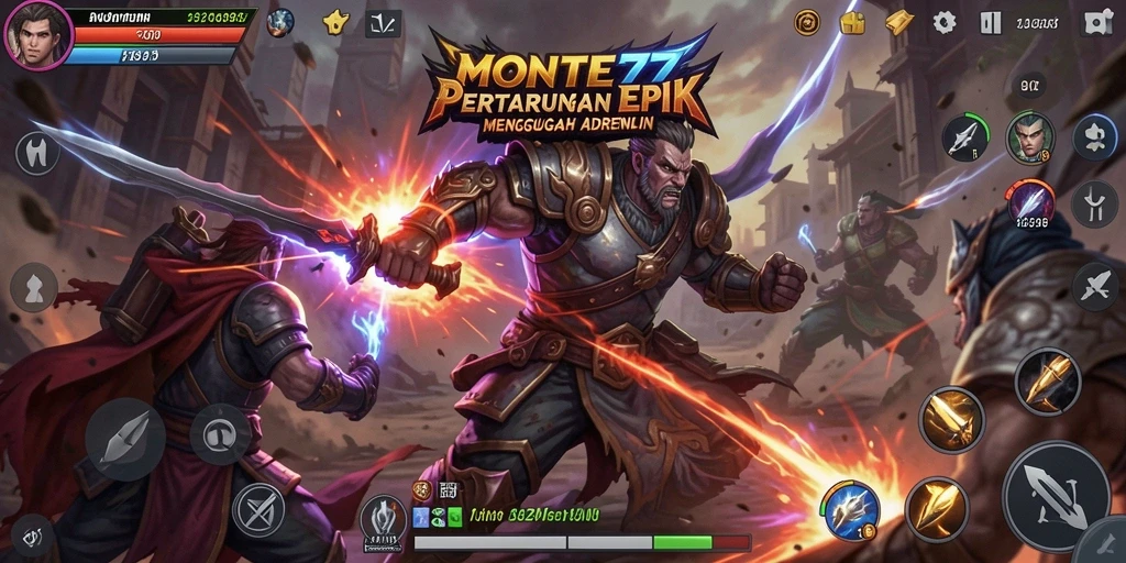 Screenshot utama MONTE77 menampilkan aksi pertarungan yang mendebarkan.
