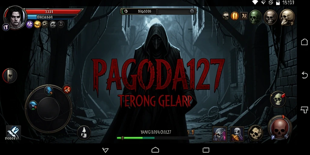 Screenshot utama PAGODA127 menampilkan suasana mencekam dengan karakter mengintai dalam kegelapan.
